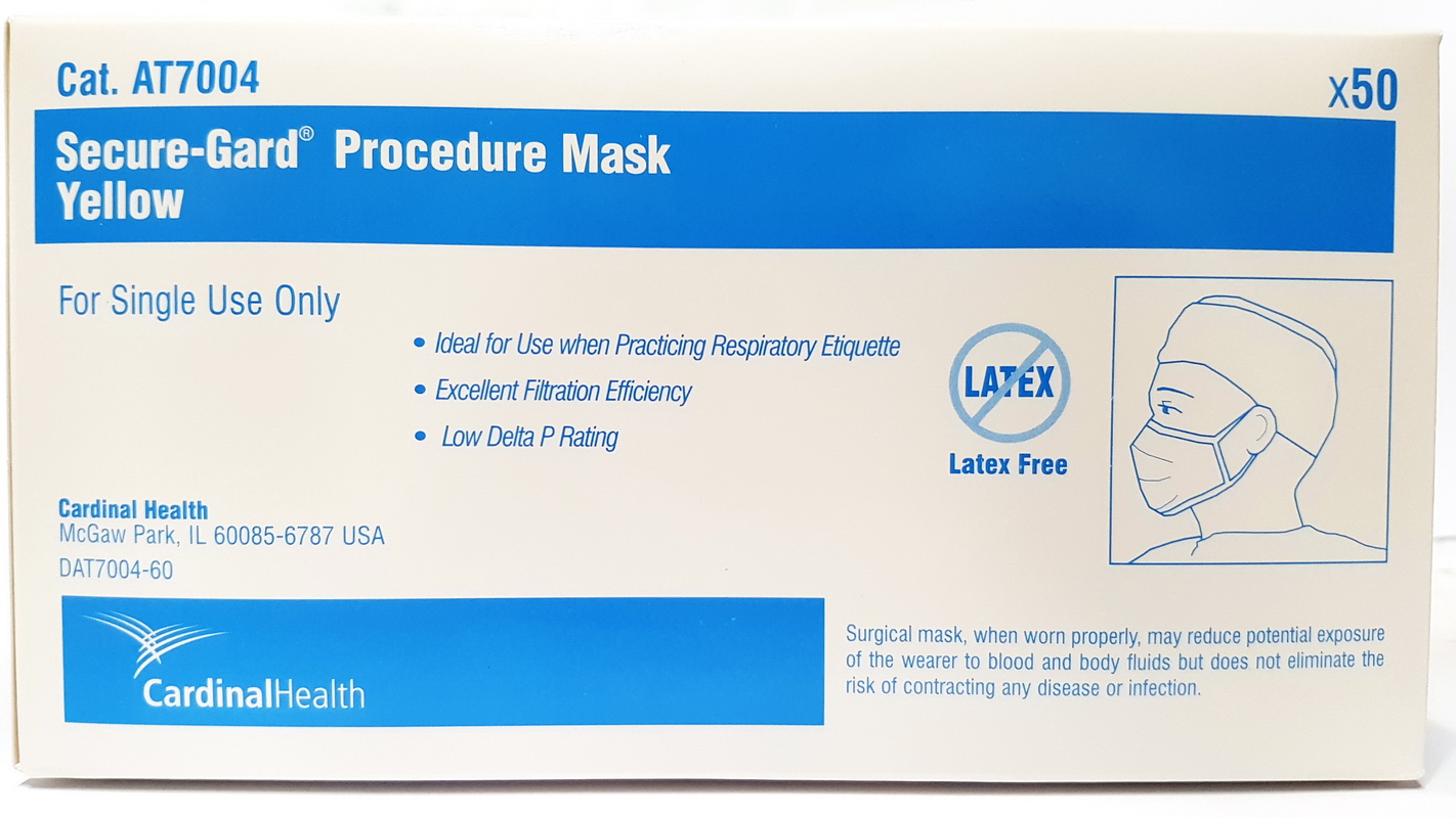 50X Cardinal Health Secure-Gard Surgical Face Mask 3-PLY Yellow